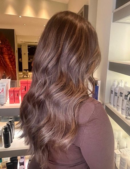 Long, wavy brown hair viewed from the side, Studio 36